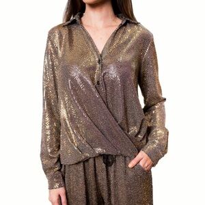 Chloé Kristyn Metallic Gold Dominique Button Down Wrap Top